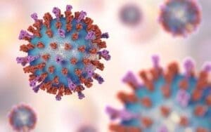 Close-up of a virus particle with spike proteins.