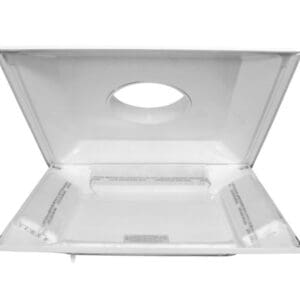 Transparent plastic case with a hinged lid and a central oval hole.