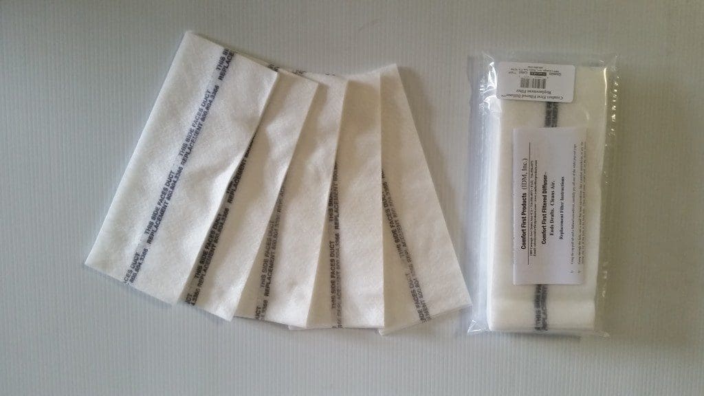 A few opened packages and one sealed package of the Filter Subscription Program for Comfort First Filtered Diffuser (MERV12 and MERV14) on a white surface.