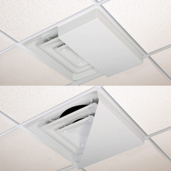 Ceiling air vent with an open and closed position in a modern office or building.