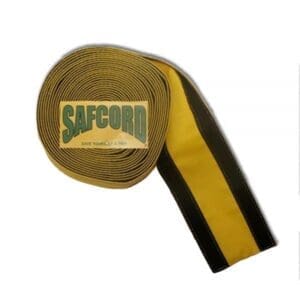 A rolled Safcord cable cover in yellow and black is displayed against a white background.