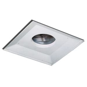 Square recessed ceiling light with a metallic inner ring.